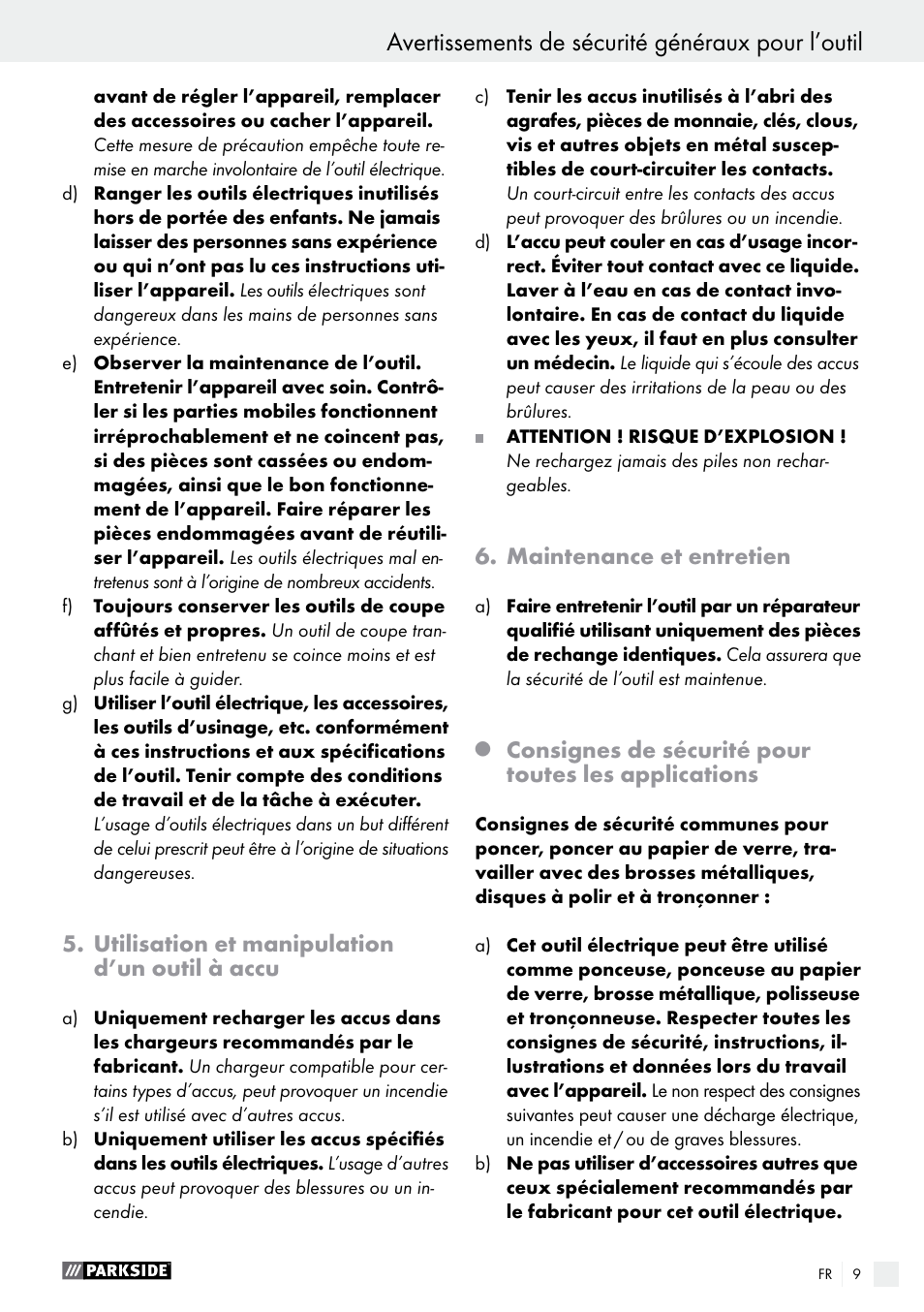 Avertissements de sécurité généraux pour l’outil, Utilisation et manipulation d’un outil à accu, Maintenance et entretien | Consignes de sécurité pour toutes les applications | Parkside PFBS 9.6 A1 User Manual | Page 9 / 46