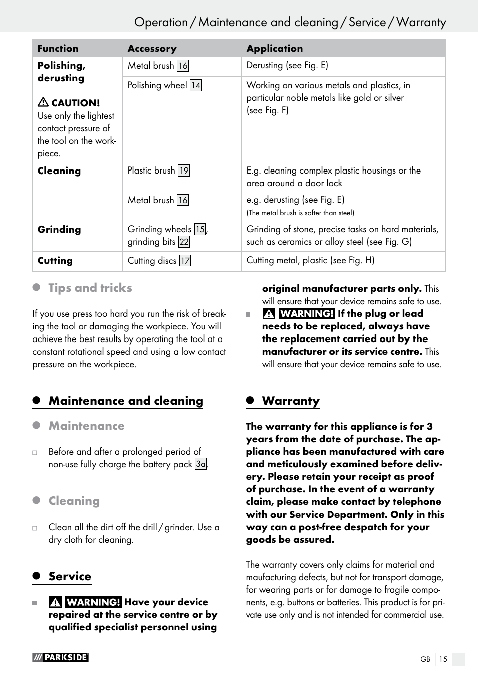 Tips and tricks, Maintenance and cleaning, Maintenance | Cleaning, Service, Warranty | Parkside PFBS 9.6 A1 User Manual | Page 15 / 72