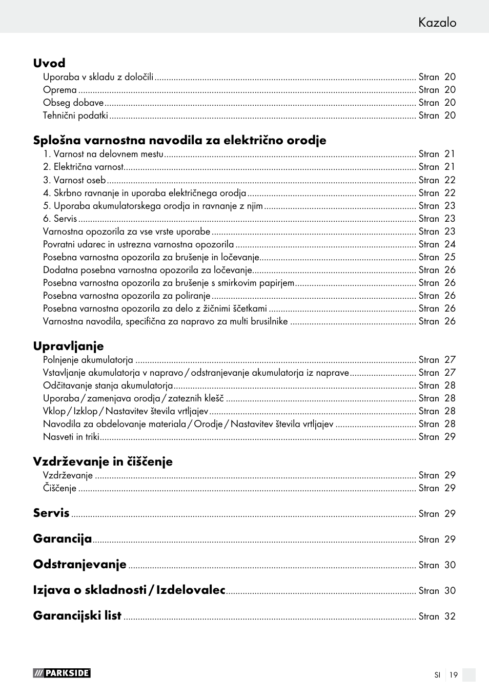 Kazalo | Parkside PFBS 9.6 A1 User Manual | Page 19 / 72