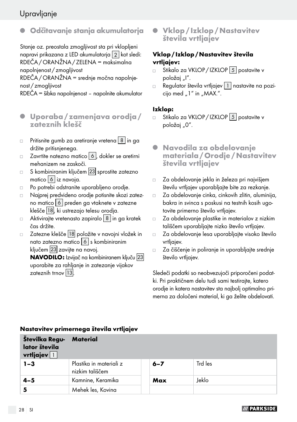 Odčitavanje stanja akumulatorja, Uporaba / zamenjava orodja / zateznih klešč, Vklop / izklop / nastavitev števila vrtljajev | Parkside PFBS 9.6 A1 User Manual | Page 28 / 72