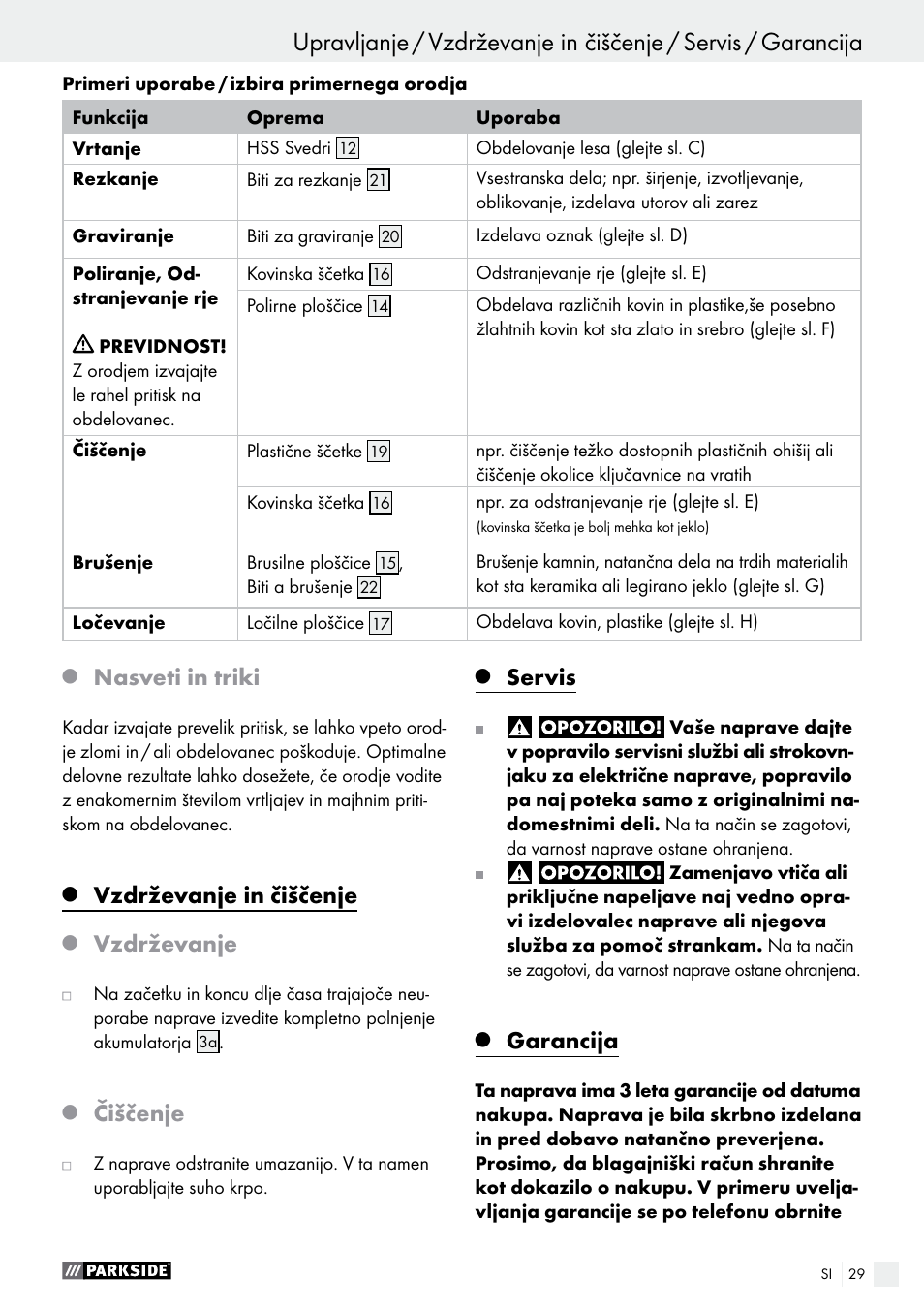 Nasveti in triki, Vzdrževanje in čiščenje, Vzdrževanje | Čiščenje, Servis, Garancija | Parkside PFBS 9.6 A1 User Manual | Page 29 / 72