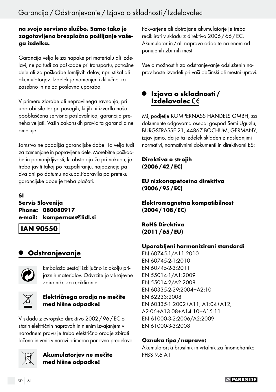 Odstranjevanje, Izjava o skladnosti / izdelovalec | Parkside PFBS 9.6 A1 User Manual | Page 30 / 72
