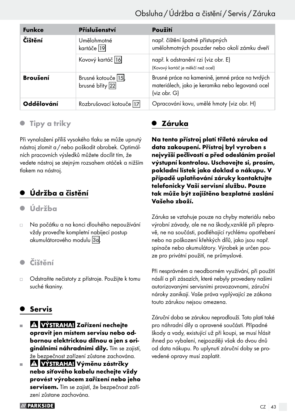 Tipy a triky, Údržba a čistění, Údržba | Čištění, Servis, Záruka | Parkside PFBS 9.6 A1 User Manual | Page 43 / 72