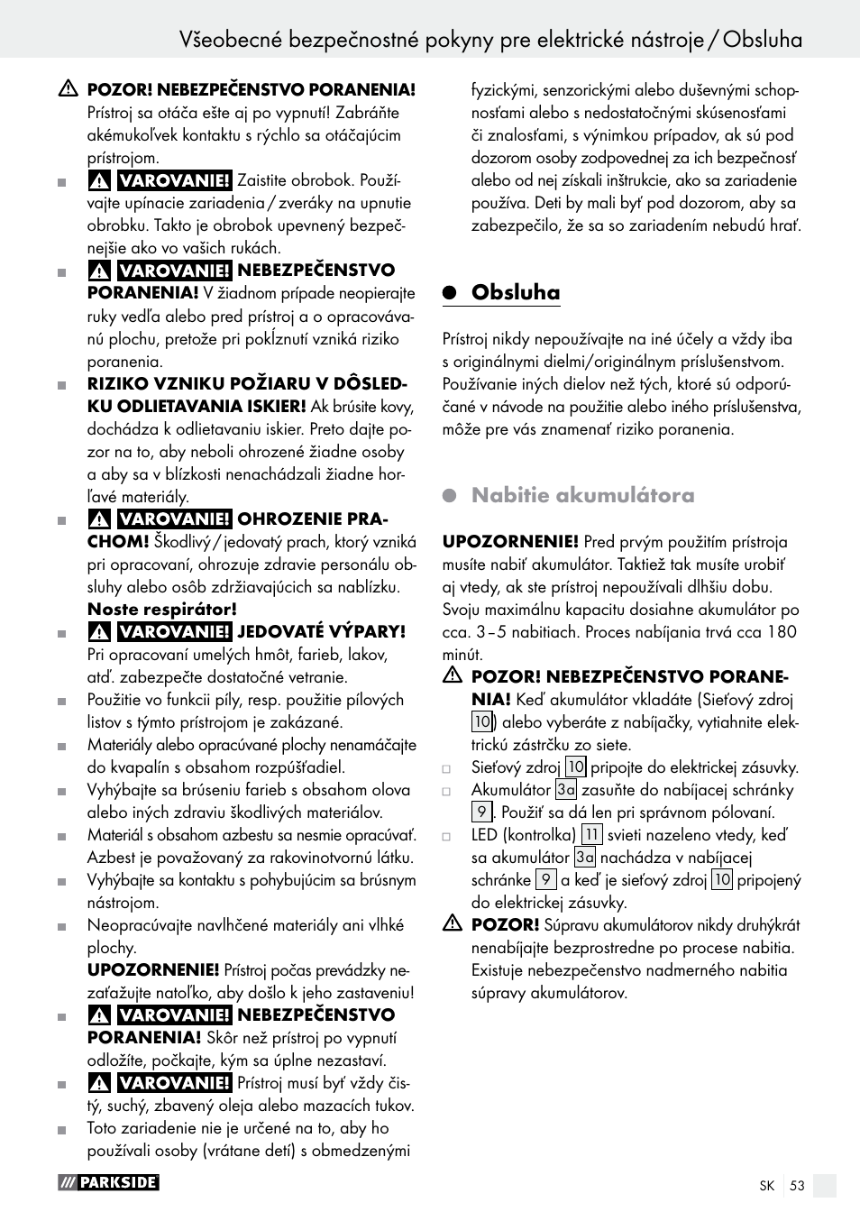 Obsluha, Nabitie akumulátora | Parkside PFBS 9.6 A1 User Manual | Page 53 / 72