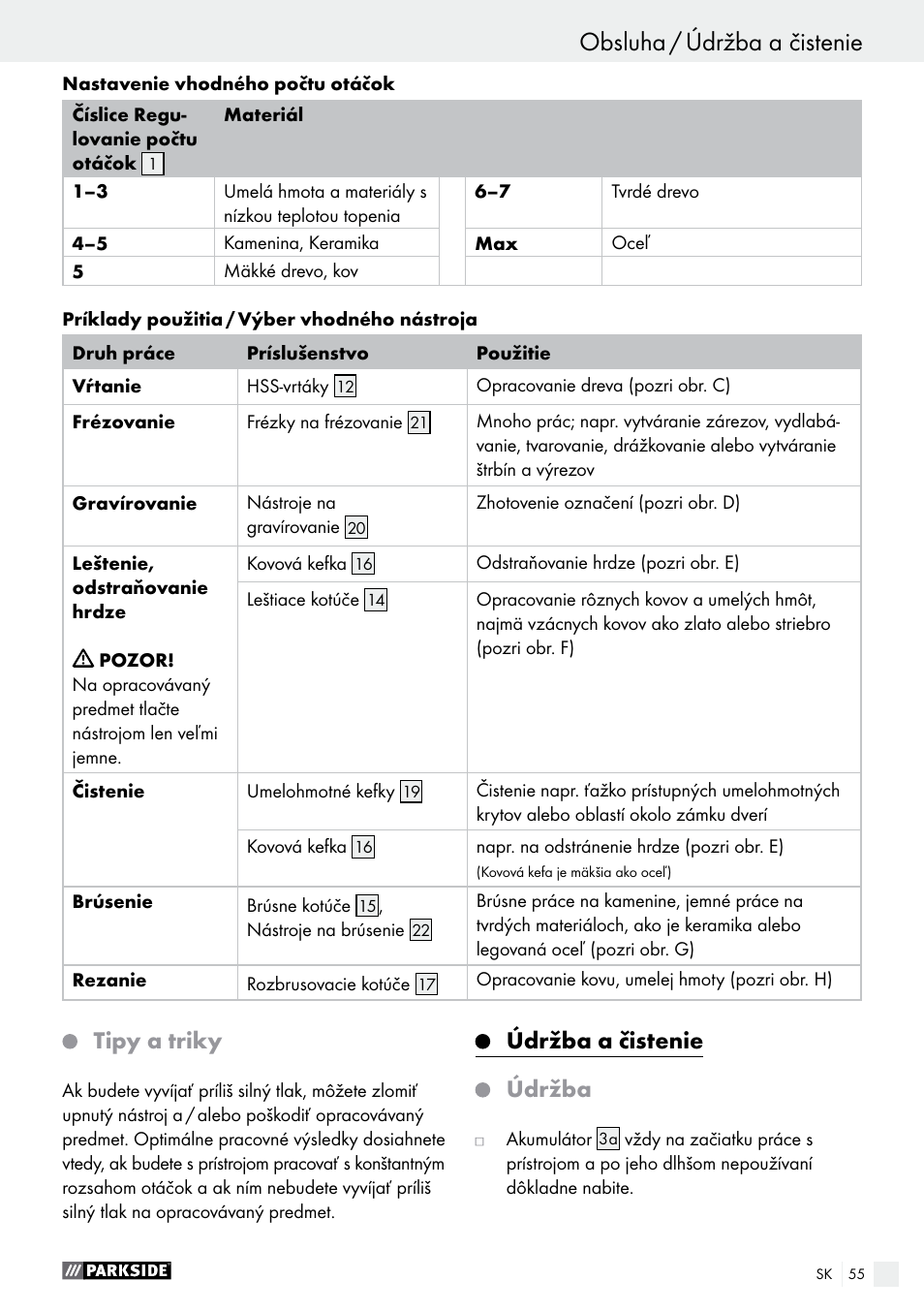 Obsluha obsluha / údržba a čistenie, Tipy a triky, Údržba a čistenie | Údržba | Parkside PFBS 9.6 A1 User Manual | Page 55 / 72