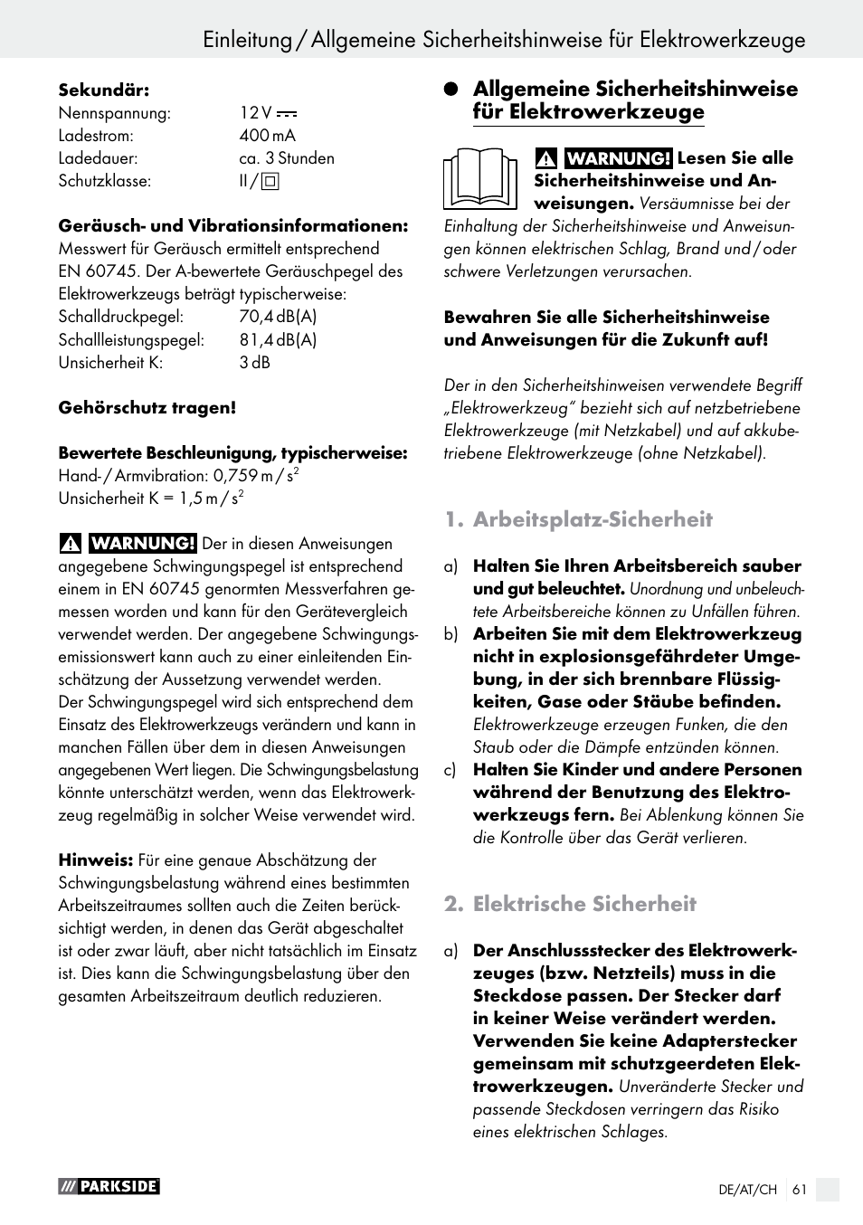 Einleitung, Arbeitsplatz-sicherheit, Elektrische sicherheit | Parkside PFBS 9.6 A1 User Manual | Page 61 / 72