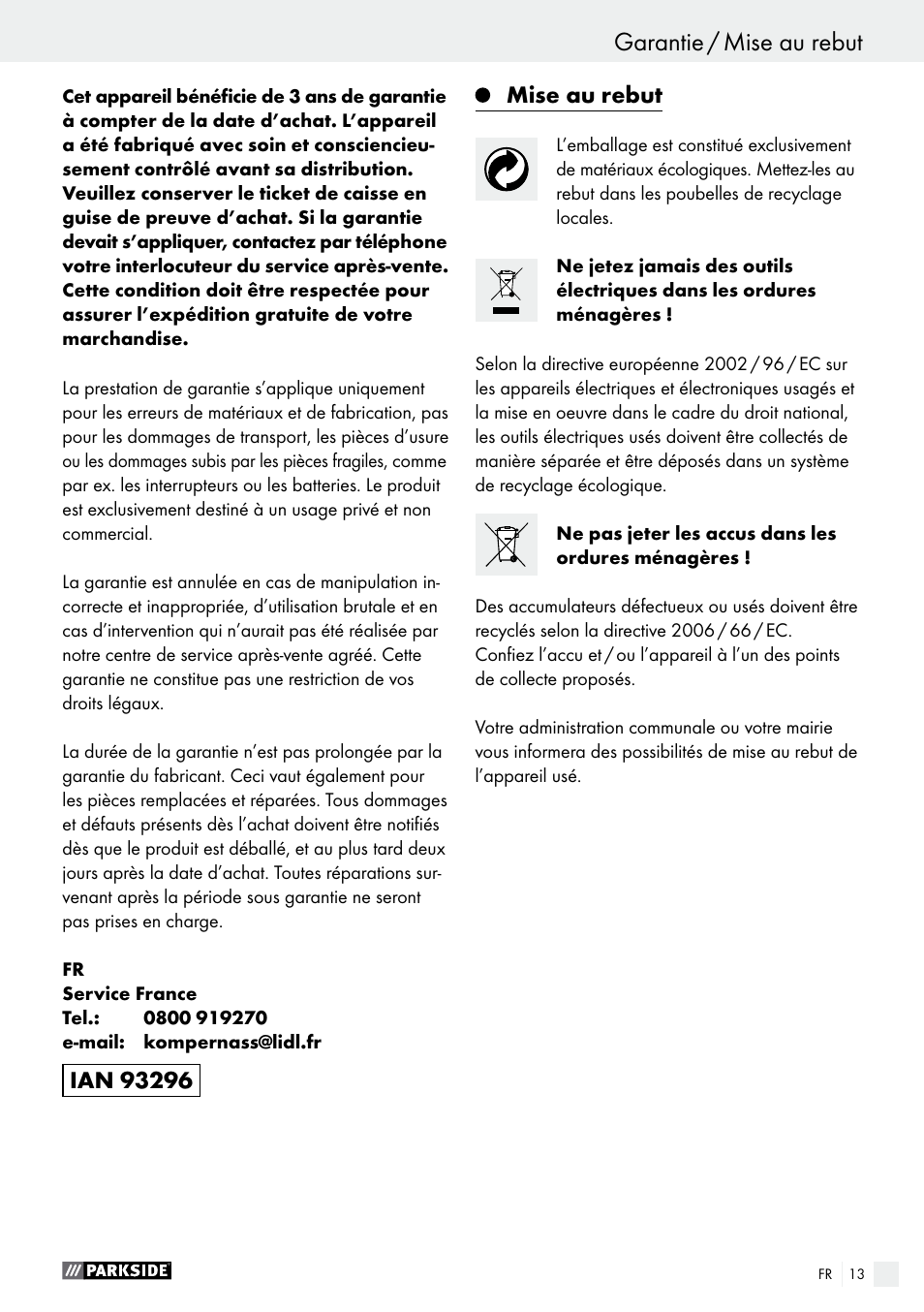 Mise au rebut | Parkside PABS 10.8 C2 User Manual | Page 13 / 34