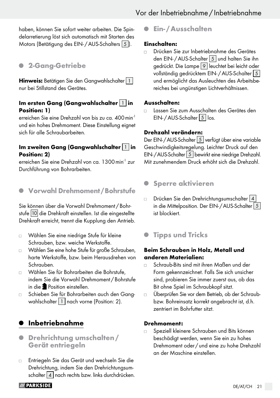 Vor der inbetriebnahme / inbetriebnahme, Gang-getriebe, Vorwahl drehmoment / bohrstufe | Ein- / ausschalten, Sperre aktivieren, Tipps und tricks | Parkside PABS 10.8 C2 User Manual | Page 21 / 34