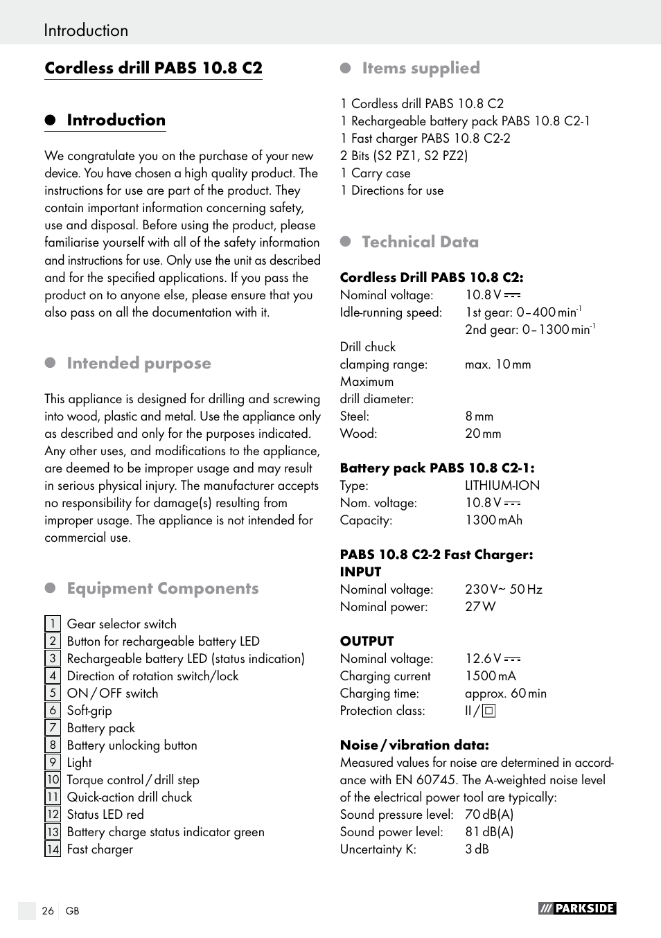 Introduction, Cordless drill pabs 10.8 c2, Intended purpose | Equipment components, Items supplied, Technical data | Parkside PABS 10.8 C2 User Manual | Page 26 / 34