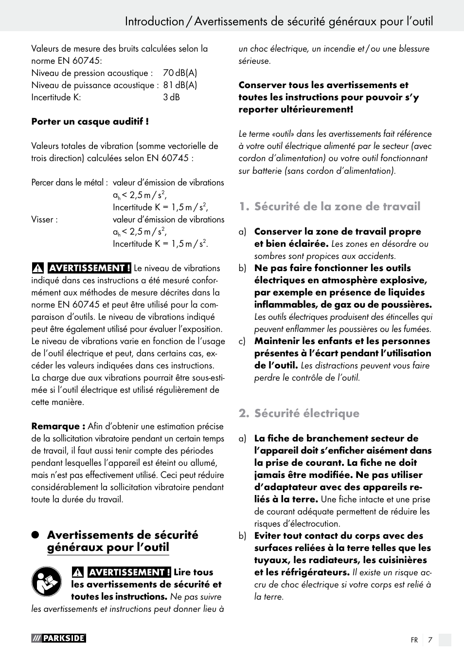 Avertissements de sécurité généraux pour l’outil, Sécurité de la zone de travail, Sécurité électrique | Parkside PABS 10.8 C2 User Manual | Page 7 / 34