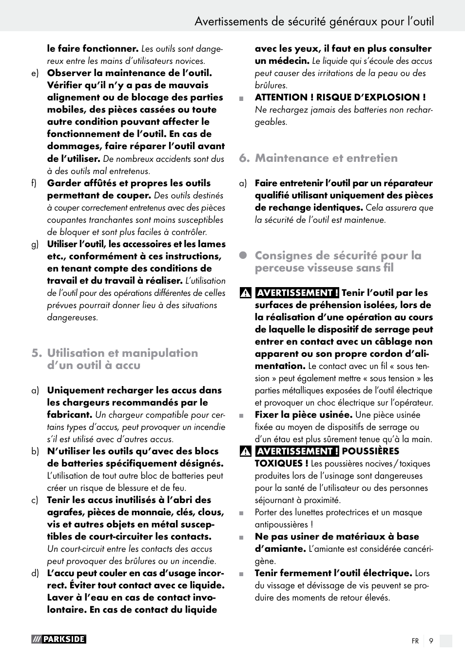 Avertissements de sécurité généraux pour l’outil, Utilisation et manipulation d’un outil à accu, Maintenance et entretien | Parkside PABS 10.8 C2 User Manual | Page 9 / 34
