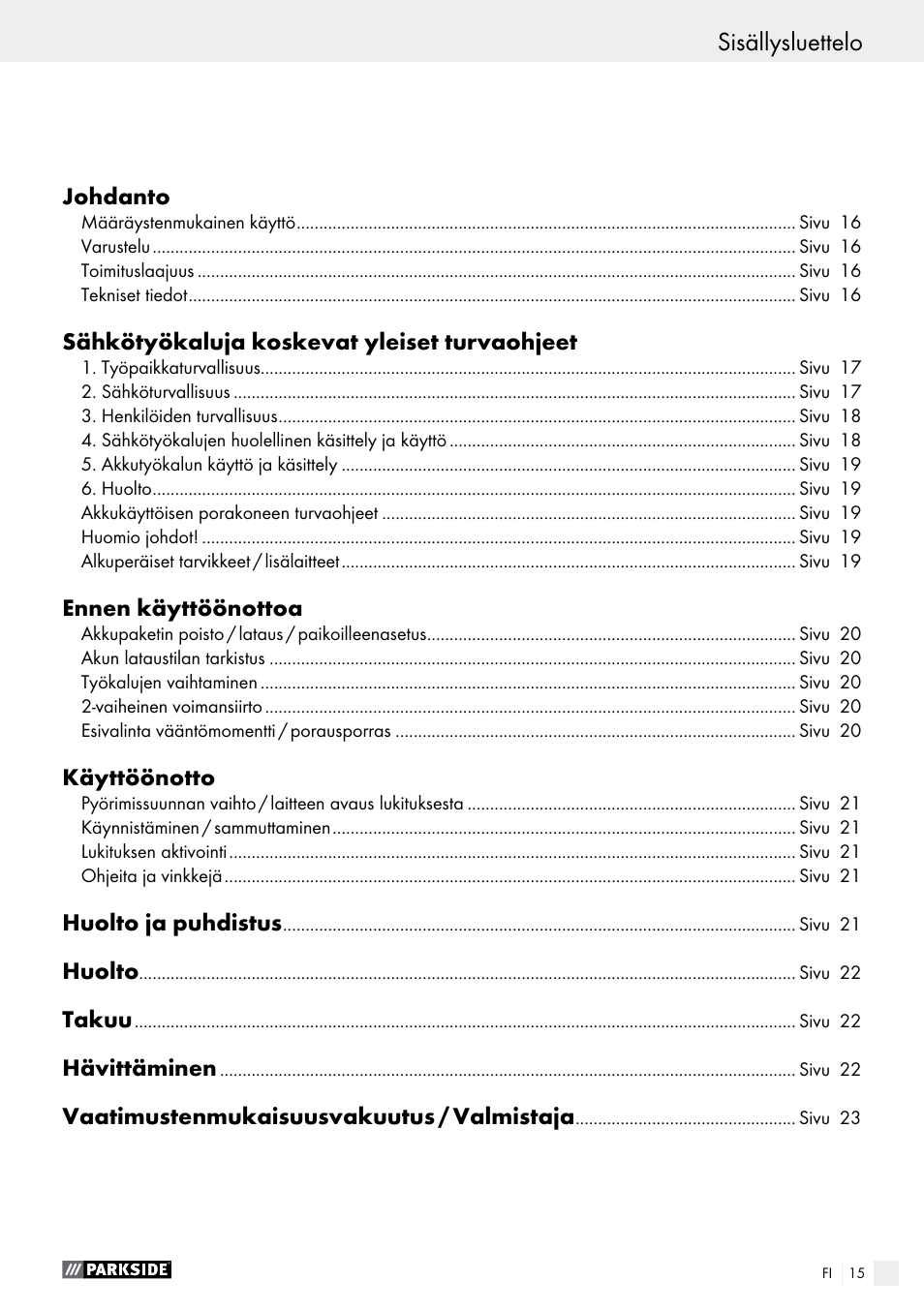 Sisällysluettelo | Parkside PABS 10.8 C2 User Manual | Page 15 / 75