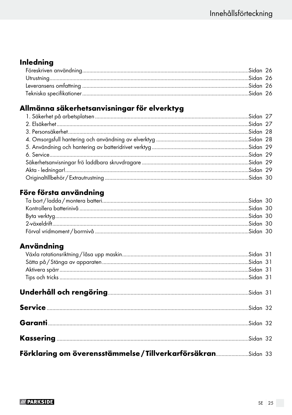 Innehållsförteckning | Parkside PABS 10.8 C2 User Manual | Page 25 / 75