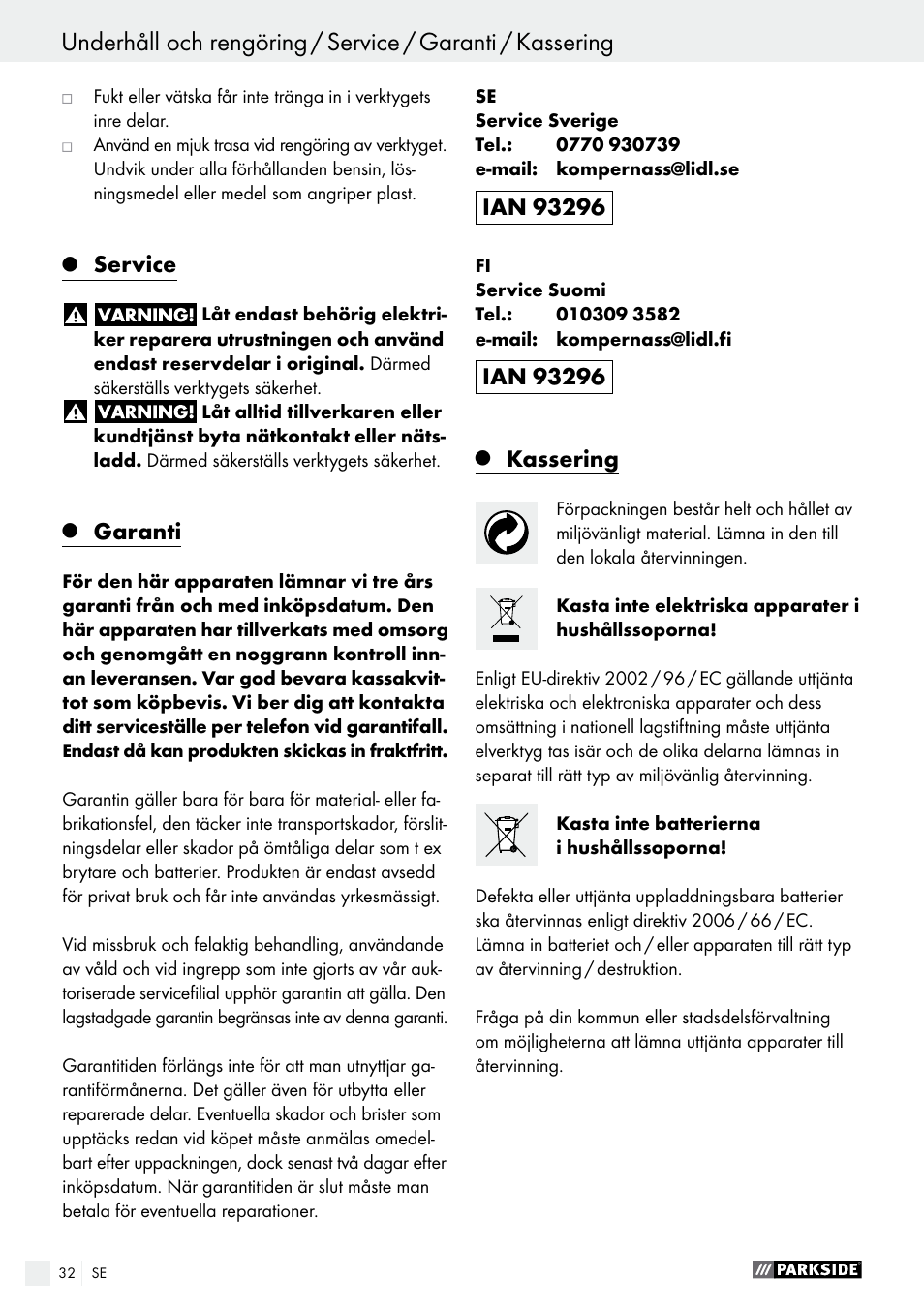 Service, Garanti, Kassering | Parkside PABS 10.8 C2 User Manual | Page 32 / 75