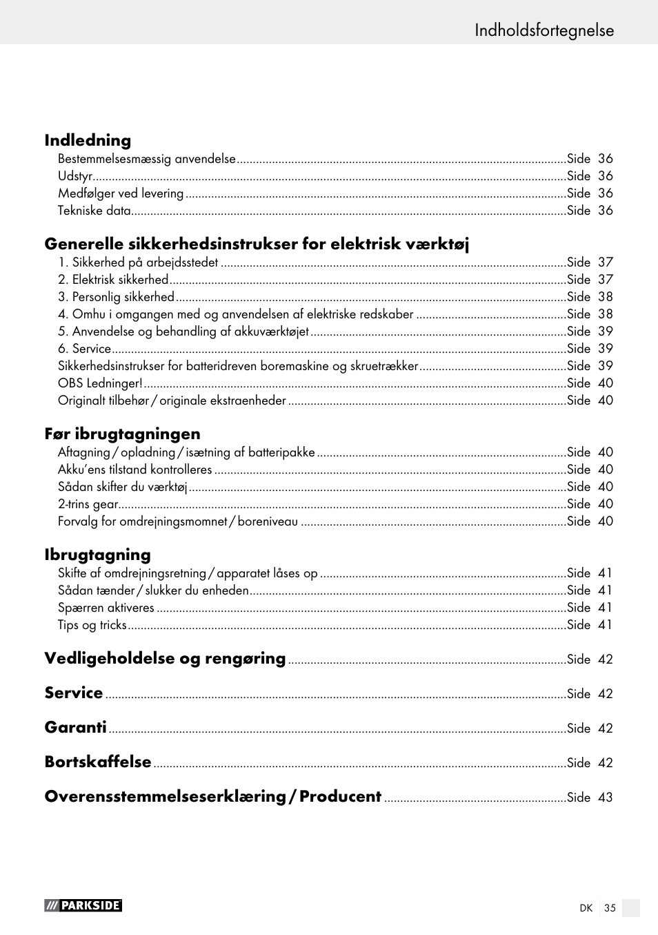 Indholdsfortegnelse | Parkside PABS 10.8 C2 User Manual | Page 35 / 75