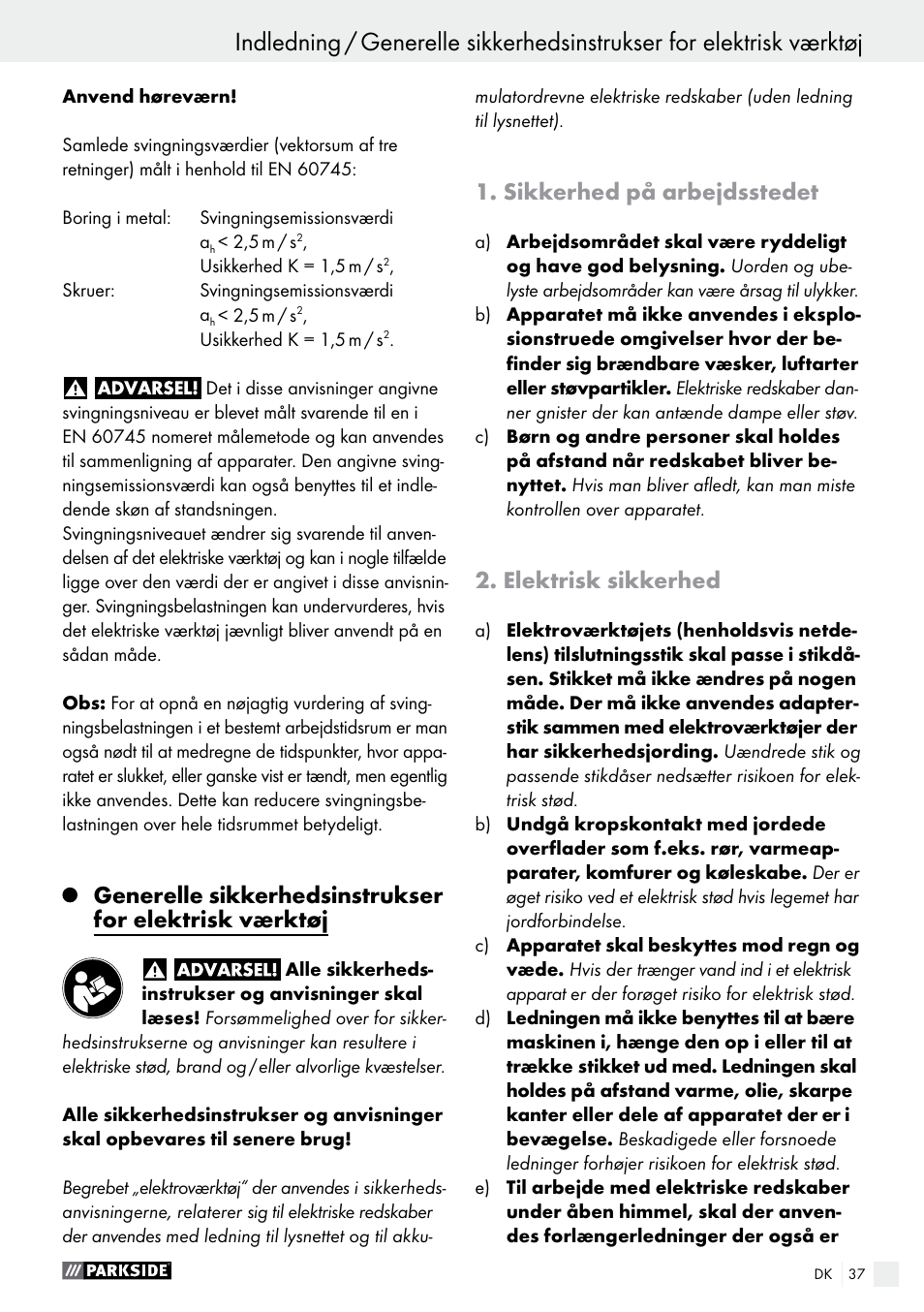 Sikkerhed på arbejdsstedet, Elektrisk sikkerhed | Parkside PABS 10.8 C2 User Manual | Page 37 / 75