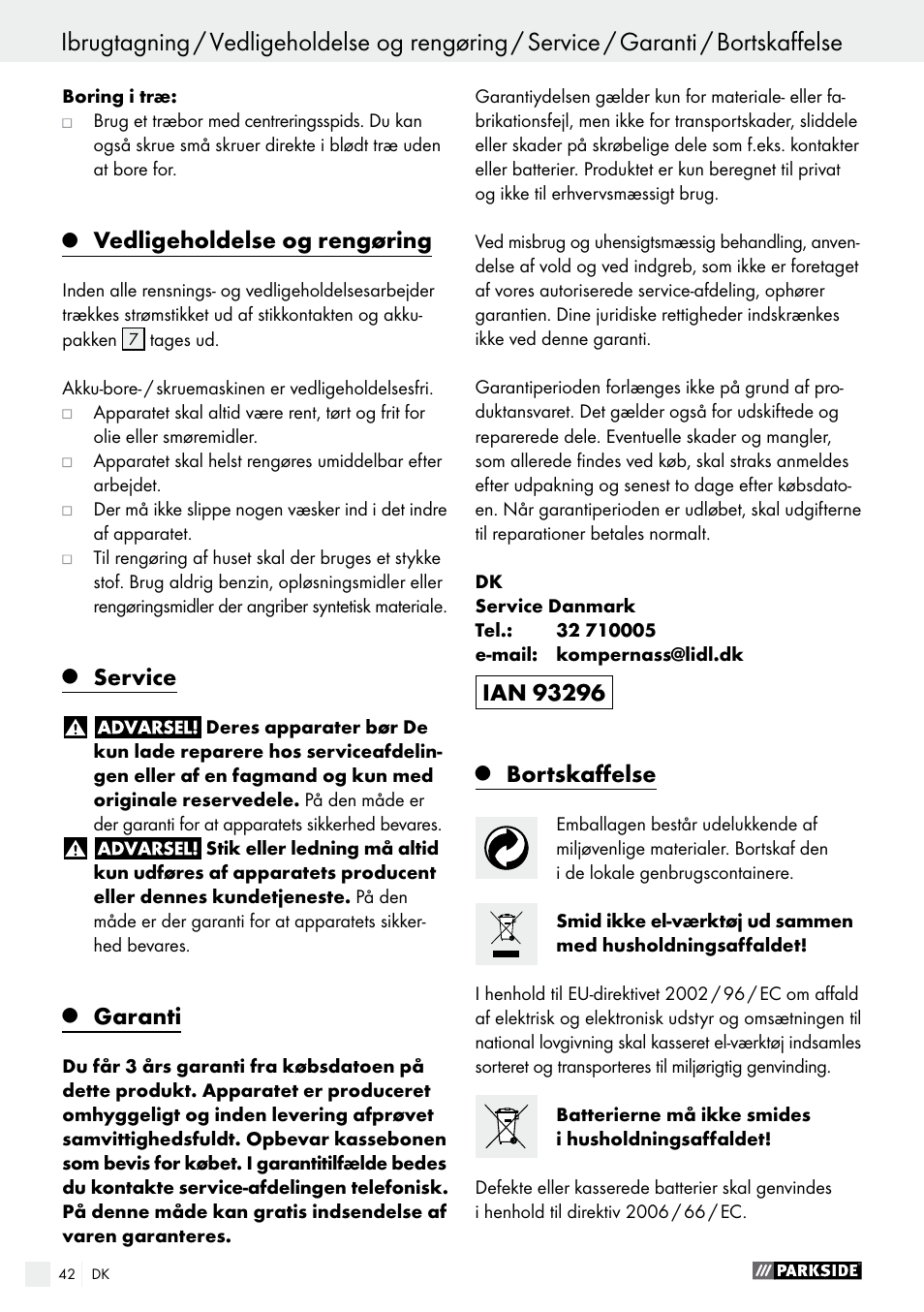 Vedligeholdelse og rengøring, Service, Garanti | Bortskaffelse | Parkside PABS 10.8 C2 User Manual | Page 42 / 75