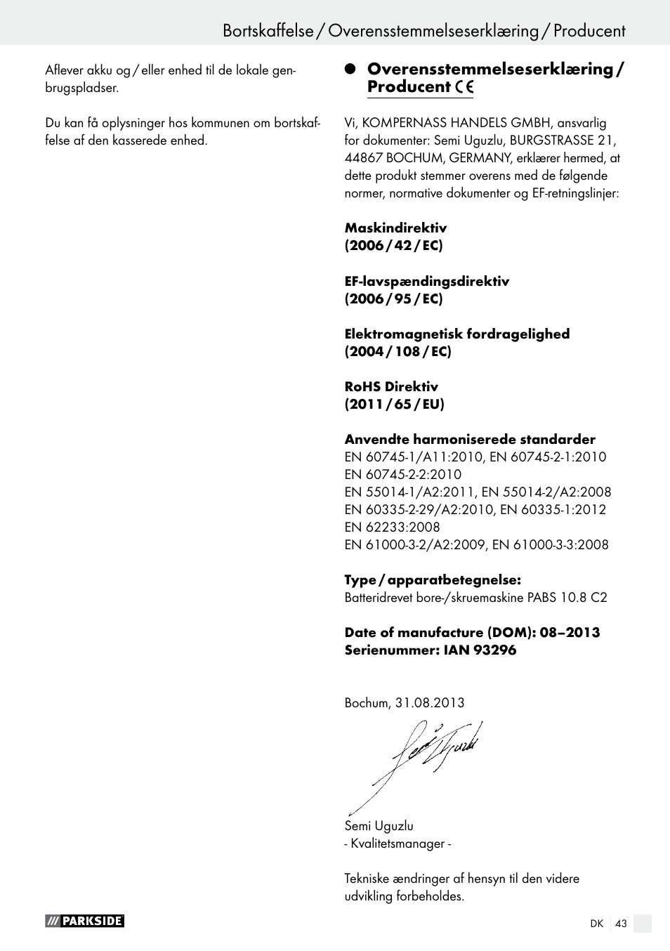 Overensstemmelseserklæring / producent | Parkside PABS 10.8 C2 User Manual | Page 43 / 75