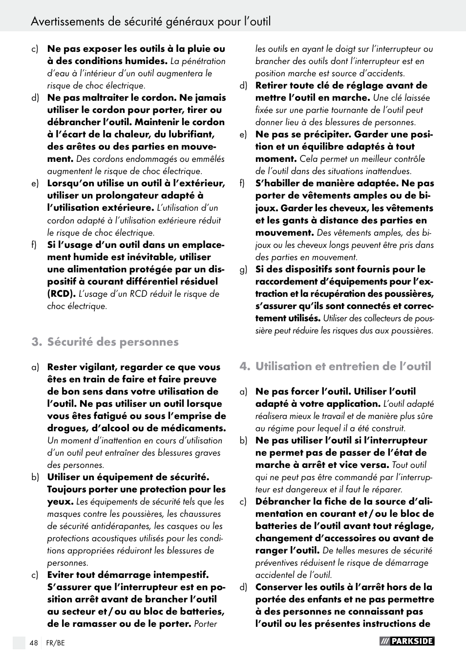 Avertissements de sécurité généraux pour l’outil, Sécurité des personnes, Utilisation et entretien de l’outil | Parkside PABS 10.8 C2 User Manual | Page 48 / 75