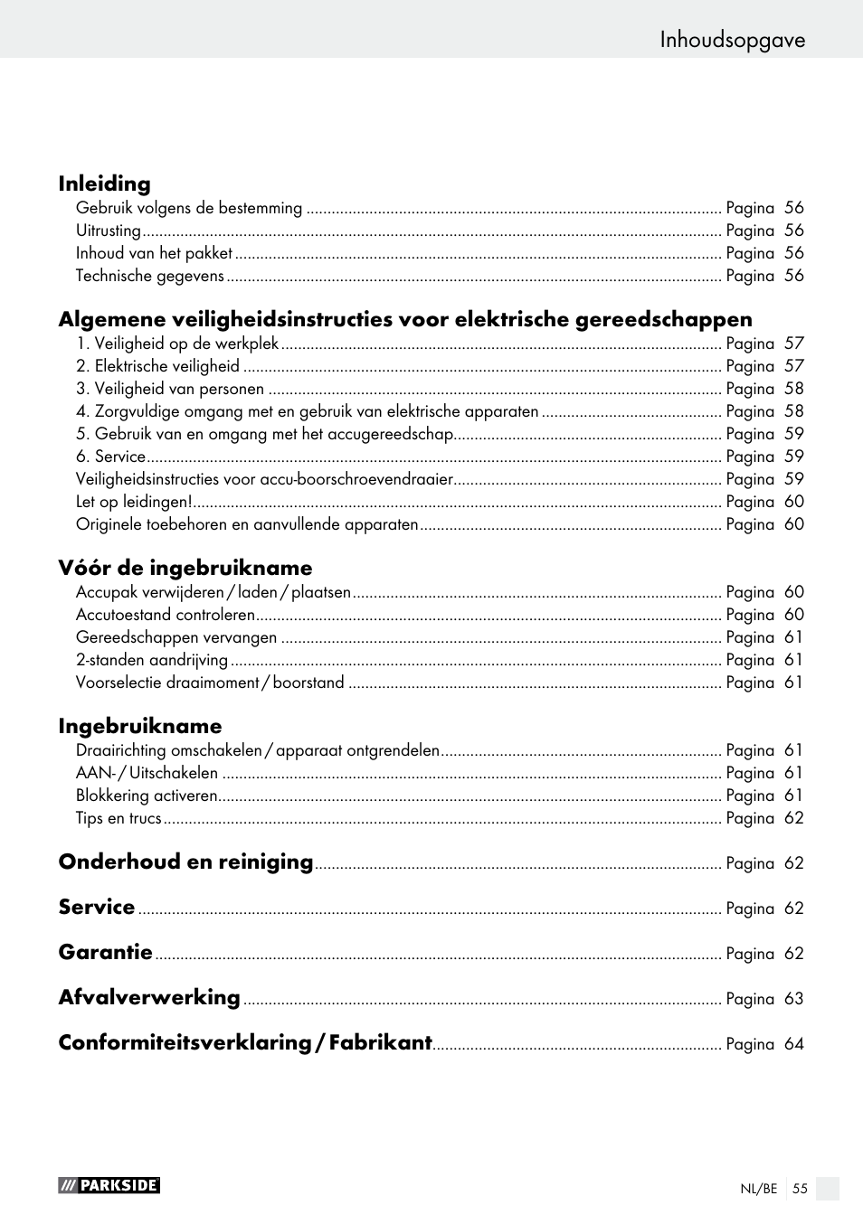 Déclaration de conformité / constructeur, Inhoudsopgave | Parkside PABS 10.8 C2 User Manual | Page 55 / 75