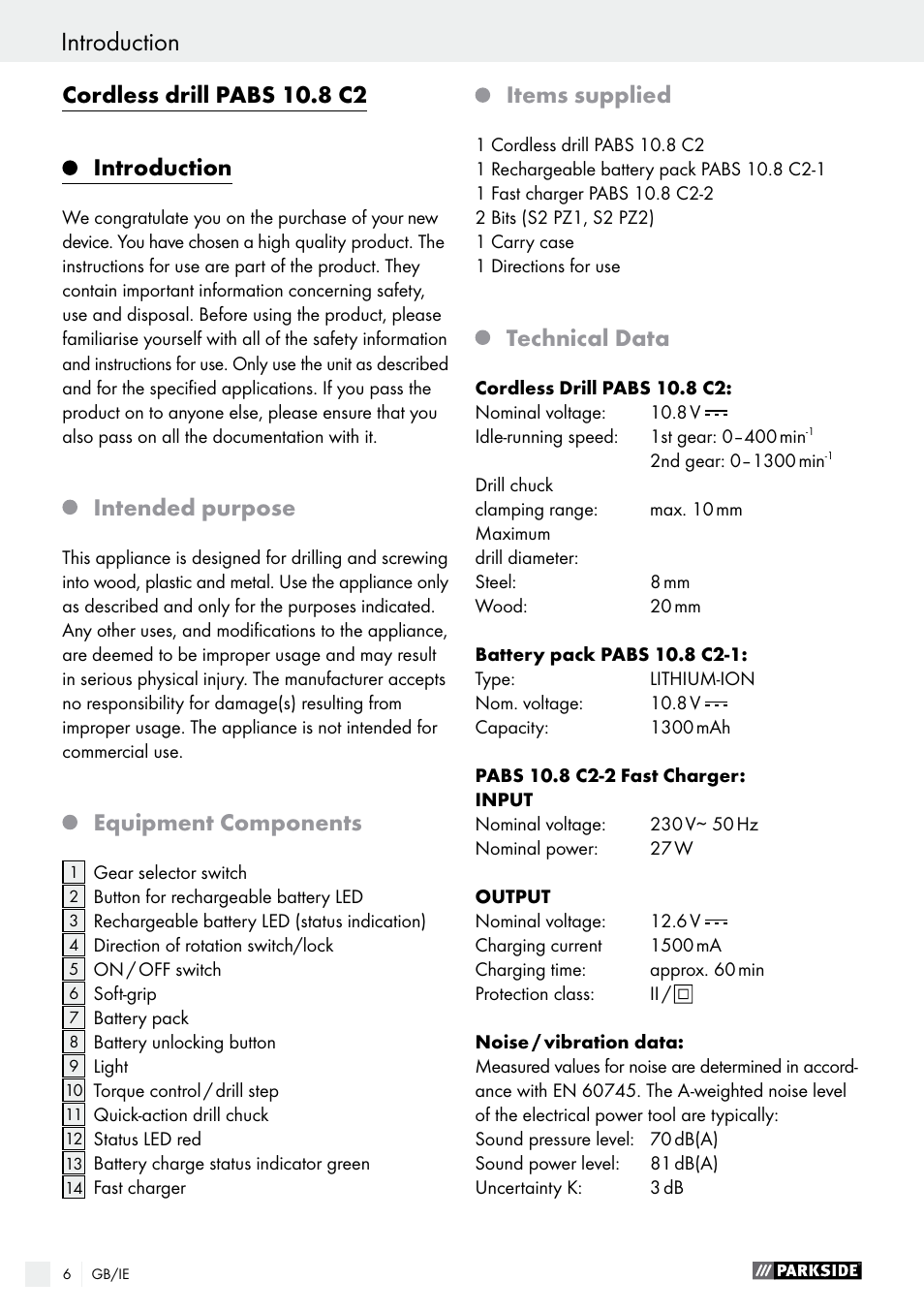 Introduction, Cordless drill pabs 10.8 c2, Intended purpose | Equipment components, Items supplied, Technical data | Parkside PABS 10.8 C2 User Manual | Page 6 / 75