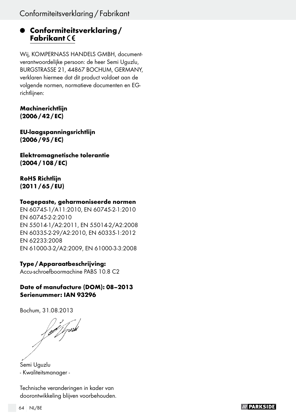 Conformiteitsverklaring / fabrikant | Parkside PABS 10.8 C2 User Manual | Page 64 / 75