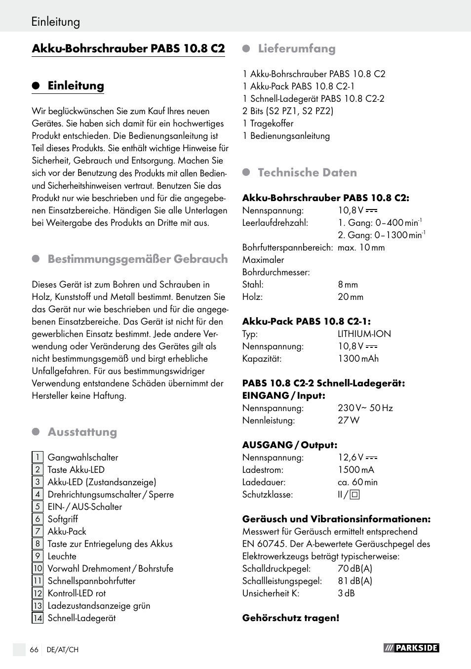 Einleitung, Akku-bohrschrauber pabs 10.8 c2, Bestimmungsgemäßer gebrauch | Ausstattung, Lieferumfang, Technische daten | Parkside PABS 10.8 C2 User Manual | Page 66 / 75
