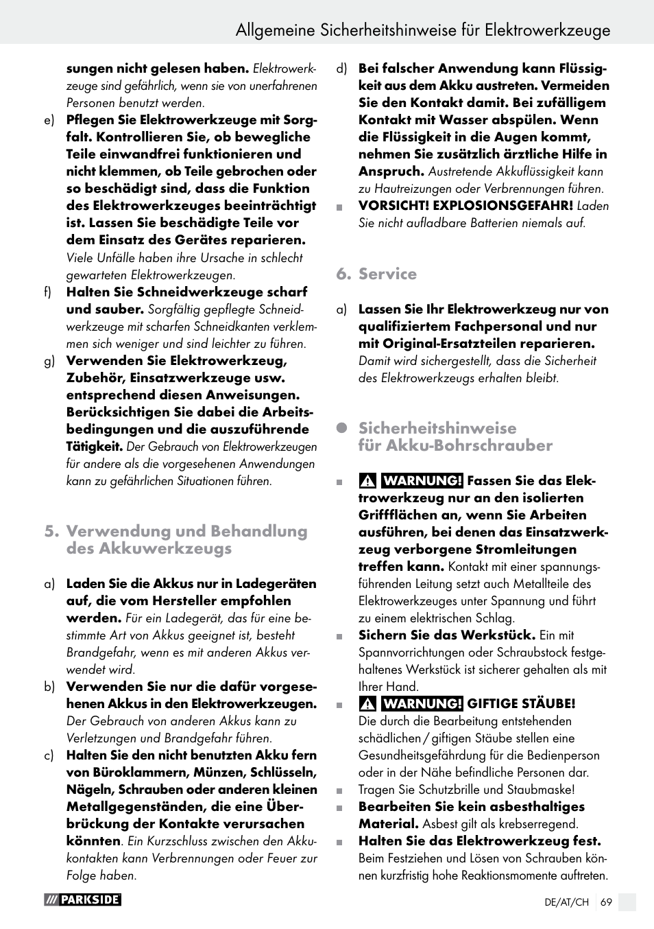 Verwendung und behandlung des akkuwerkzeugs, Service, Sicherheitshinweise für akku-bohrschrauber | Parkside PABS 10.8 C2 User Manual | Page 69 / 75