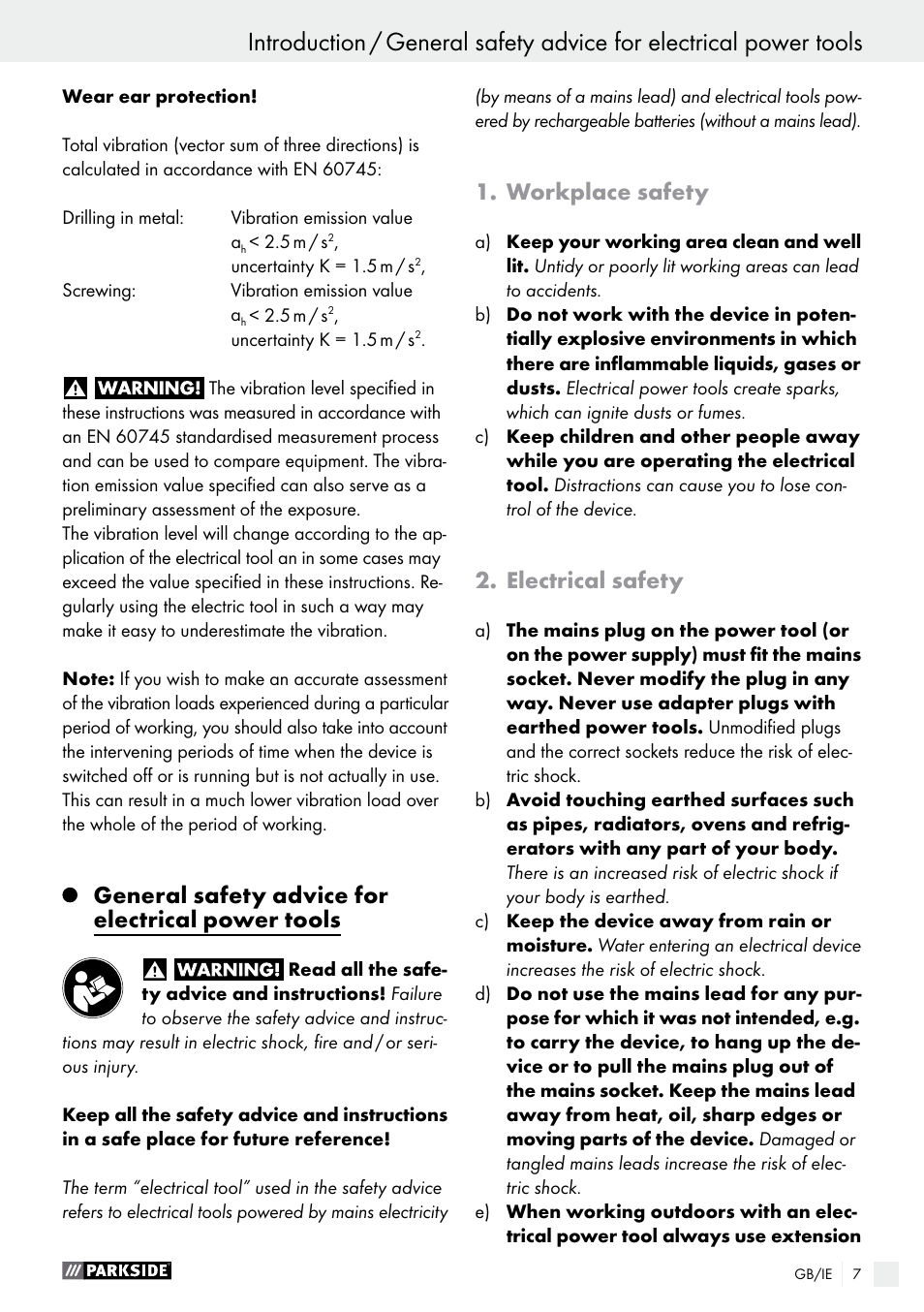 General safety advice for electrical power tools, Workplace safety, Electrical safety | Parkside PABS 10.8 C2 User Manual | Page 7 / 75