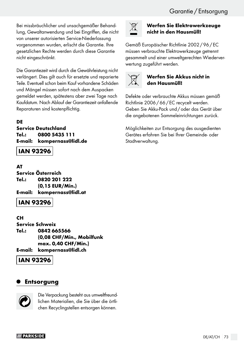 Garantie / entsorgung | Parkside PABS 10.8 C2 User Manual | Page 73 / 75