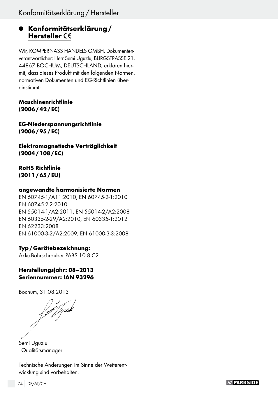 Konformitätserklärung / hersteller | Parkside PABS 10.8 C2 User Manual | Page 74 / 75