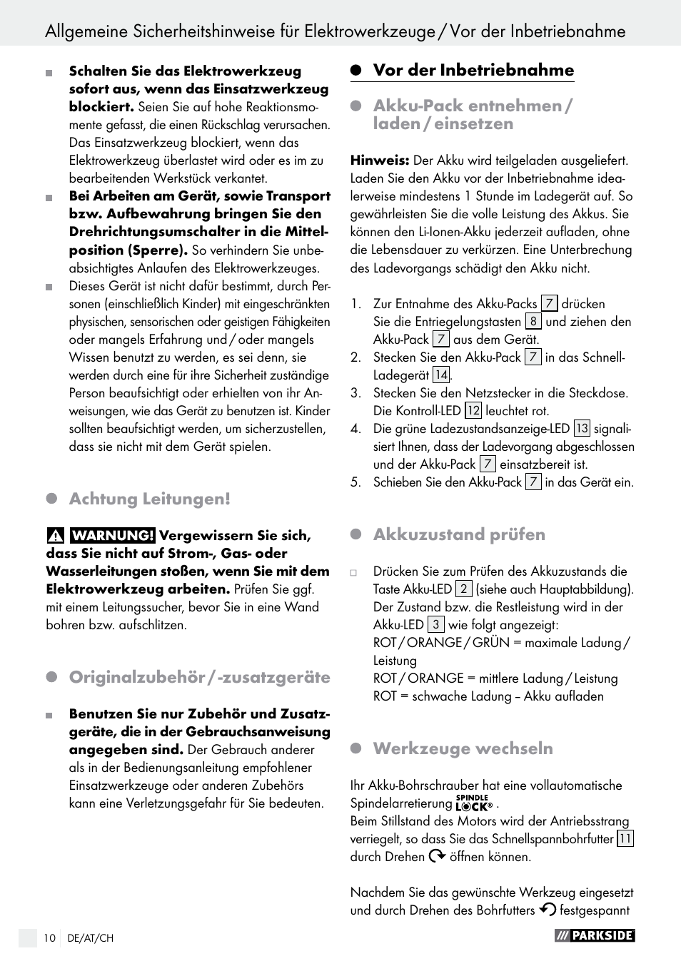 Achtung leitungen, Originalzubehör / -zusatzgeräte, Vor der | Inbetriebnahme, Akku-pack entnehmen / laden / einsetzen, Akkuzustand prüfen, Werkzeuge wechseln | Parkside PABS 10.8 C2 User Manual | Page 10 / 44