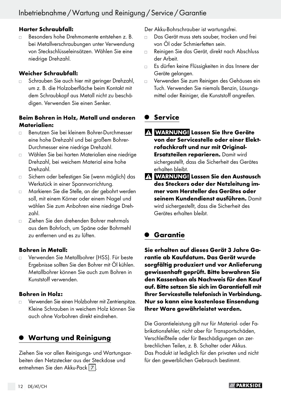 Wartung und reinigung, Service, Garantie | Parkside PABS 10.8 C2 User Manual | Page 12 / 44