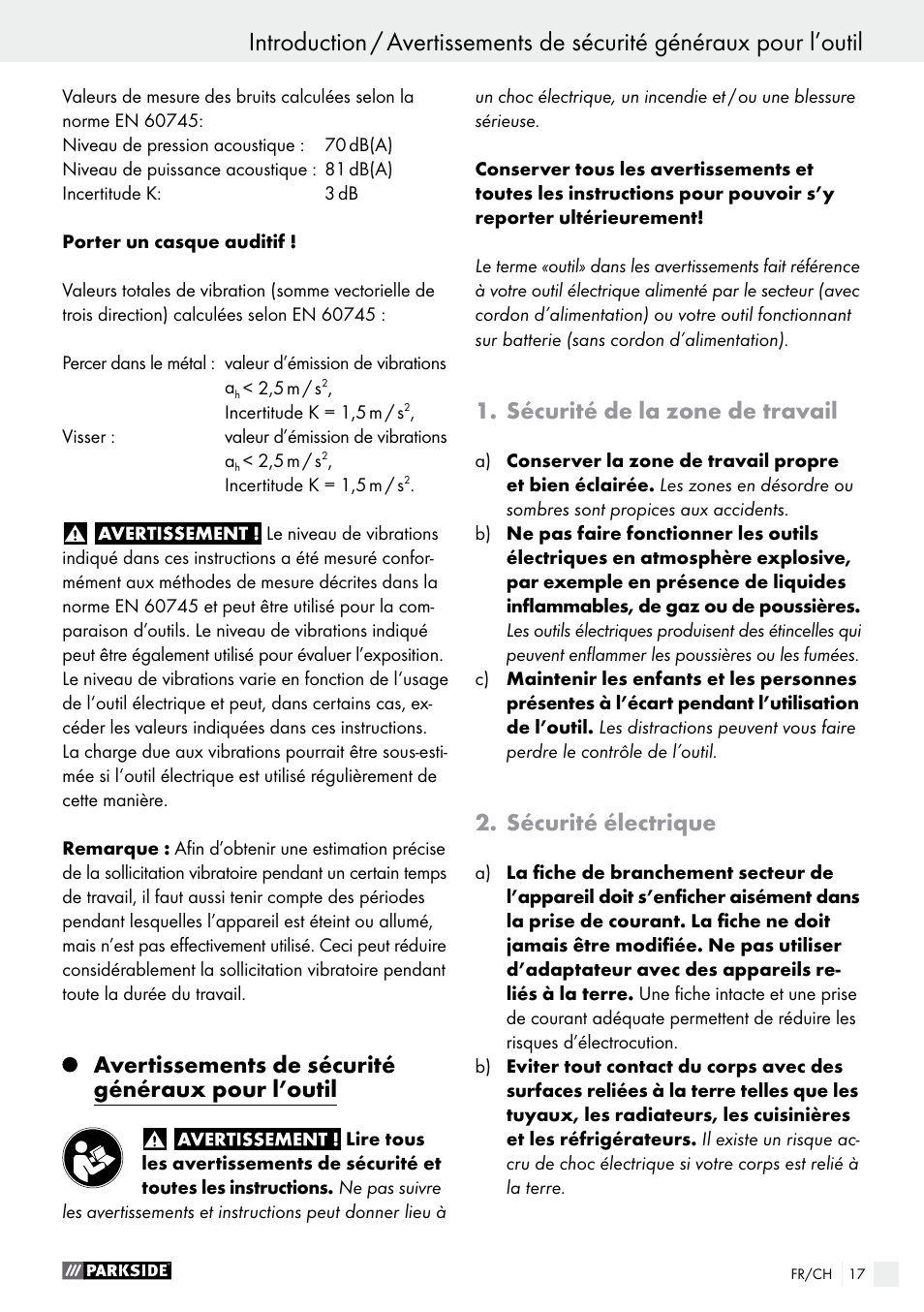 Avertissements de sécurité généraux pour l’outil, Sécurité de la zone de travail, Sécurité électrique | Parkside PABS 10.8 C2 User Manual | Page 17 / 44