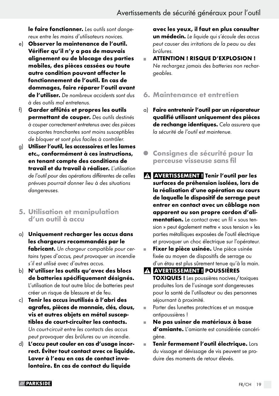 Avertissements de sécurité généraux pour l’outil, Utilisation et manipulation d’un outil à accu, Maintenance et entretien | Parkside PABS 10.8 C2 User Manual | Page 19 / 44