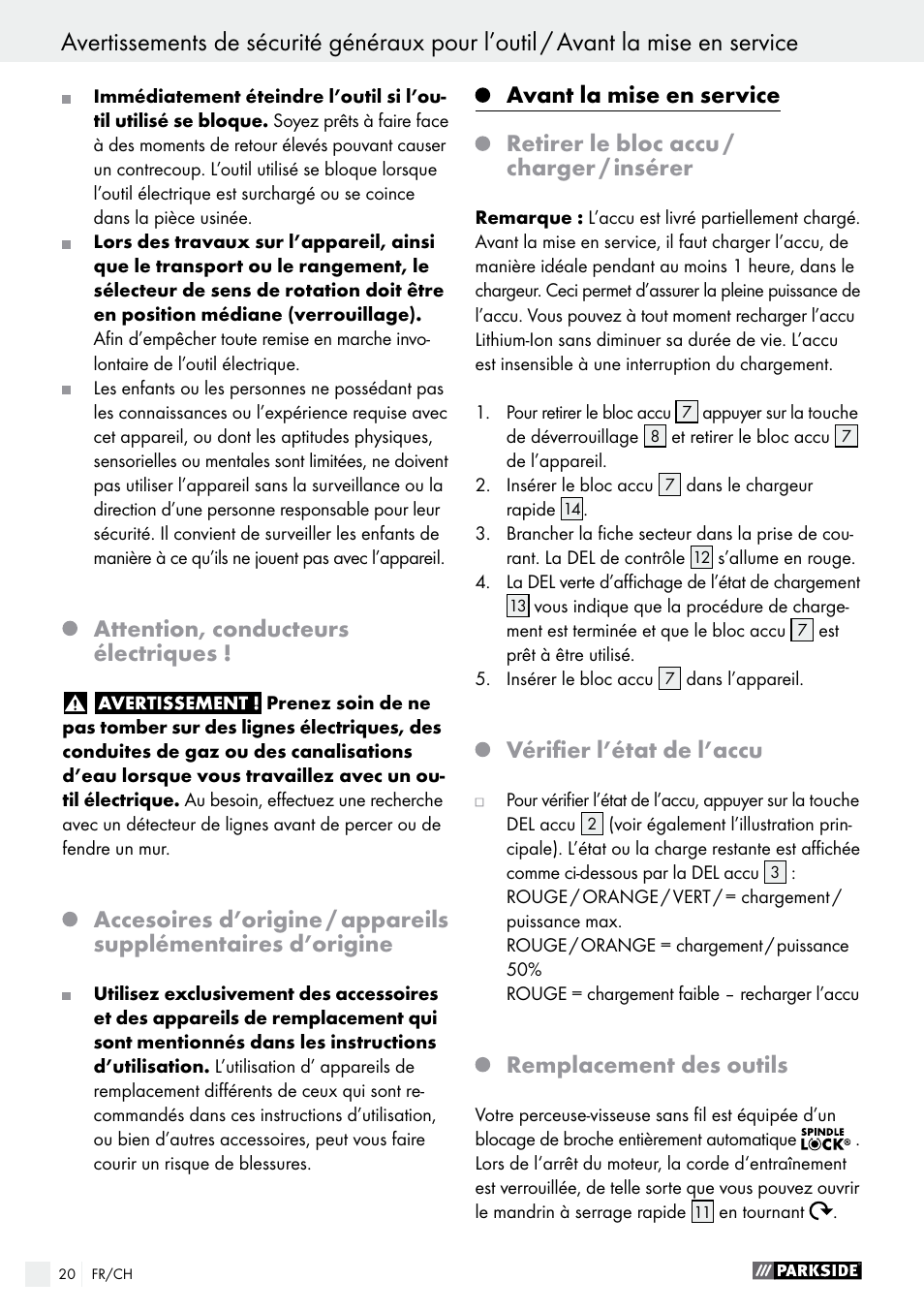Attention, conducteurs électriques, Vérifier l’état de l’accu, Remplacement des outils | Parkside PABS 10.8 C2 User Manual | Page 20 / 44