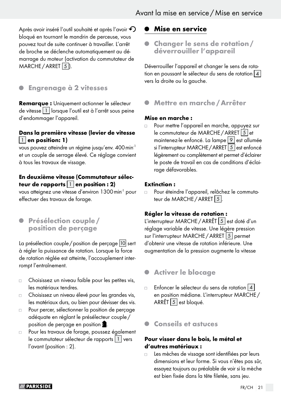 Avant la mise en service / mise en service, Engrenage à 2 vitesses, Présélection couple / position de perçage | Mettre en marche / arrêter, Activer le blocage, Conseils et astuces | Parkside PABS 10.8 C2 User Manual | Page 21 / 44