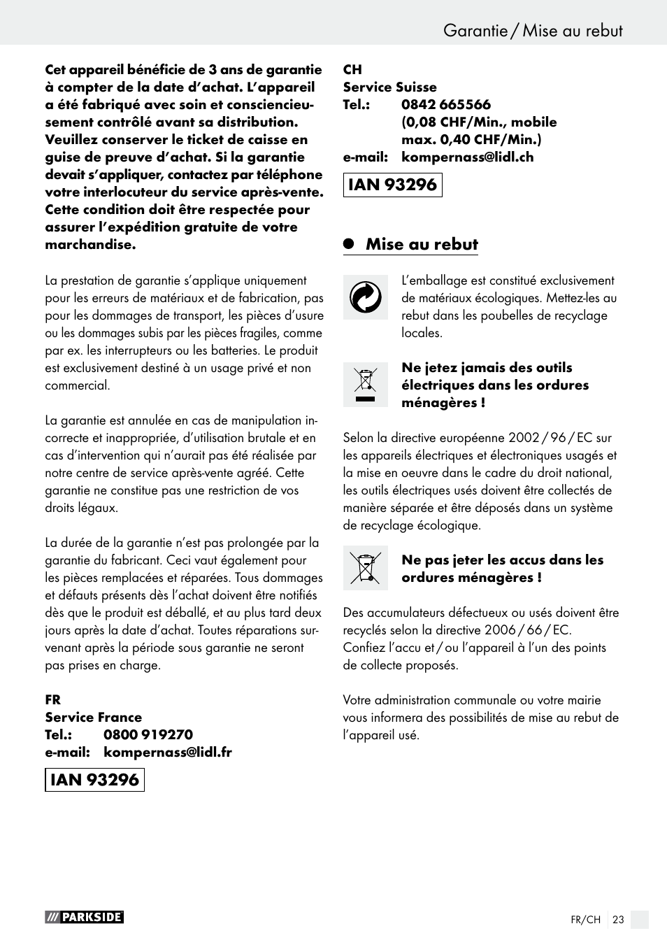 Garantie / mise au rebut, Mise au rebut | Parkside PABS 10.8 C2 User Manual | Page 23 / 44