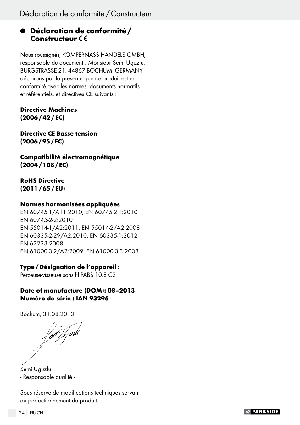 Déclaration de conformité / constructeur indice | Parkside PABS 10.8 C2 User Manual | Page 24 / 44