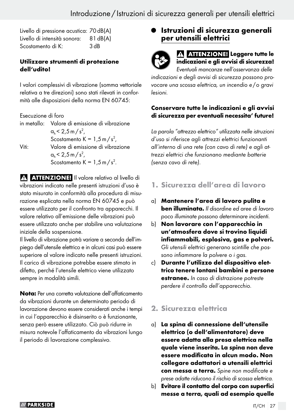 Sicurezza dell’area di lavoro, Sicurezza elettrica | Parkside PABS 10.8 C2 User Manual | Page 27 / 44