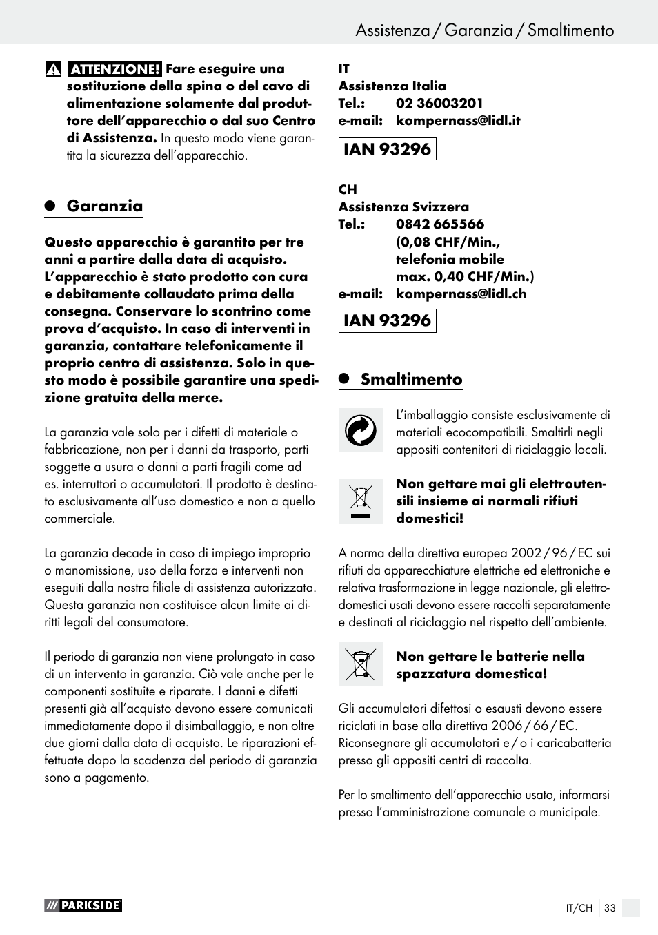 Assistenza / garanzia / smaltimento, Garanzia, Smaltimento | Parkside PABS 10.8 C2 User Manual | Page 33 / 44