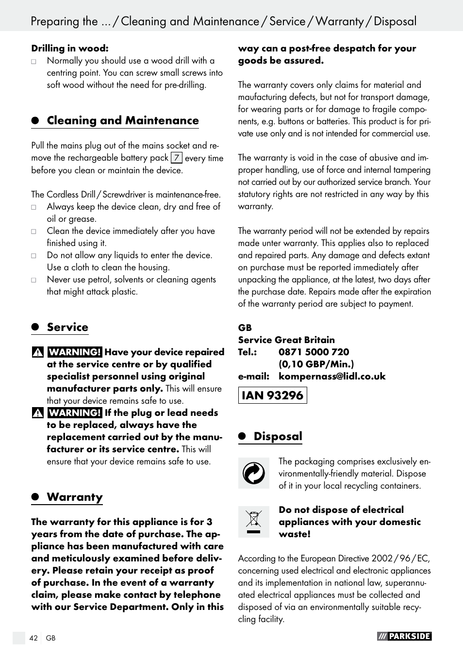 Cleaning and maintenance, Service, Warranty | Disposal | Parkside PABS 10.8 C2 User Manual | Page 42 / 44