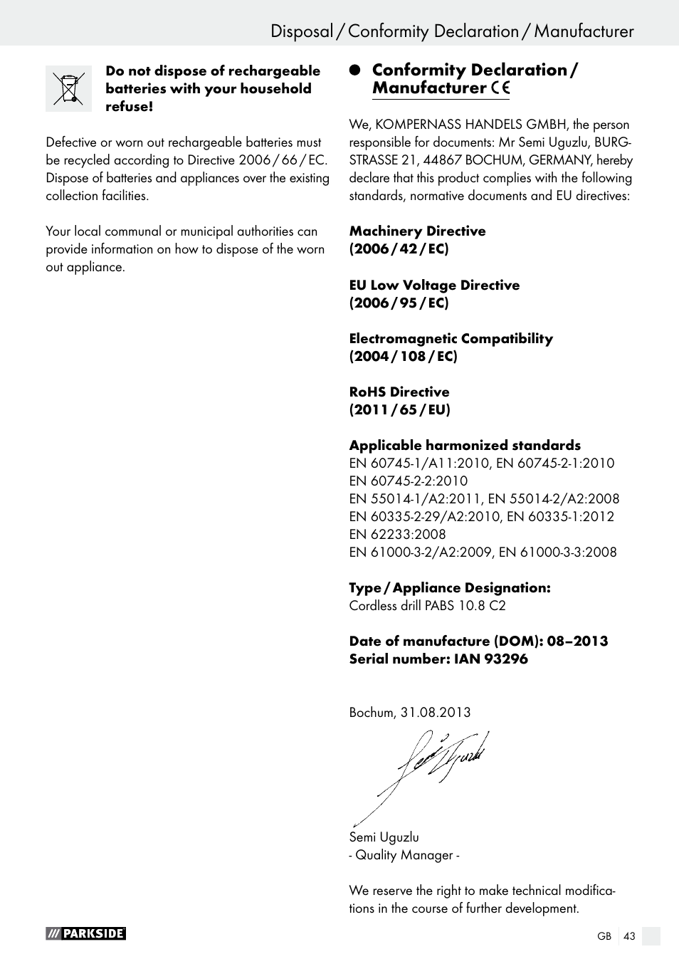 Disposal / conformity declaration / manufacturer, Conformity declaration / manufacturer | Parkside PABS 10.8 C2 User Manual | Page 43 / 44