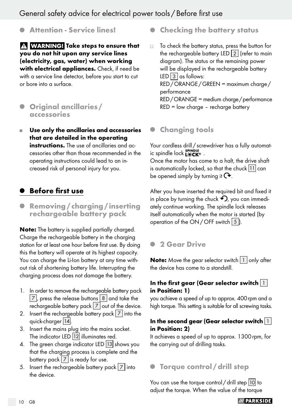 Attention - service lines, Original ancillaries / accessories, Before first use | Checking the battery status, Changing tools, 2 gear drive, Torque control / drill step | Parkside PABS 10.8 C2 User Manual | Page 10 / 77