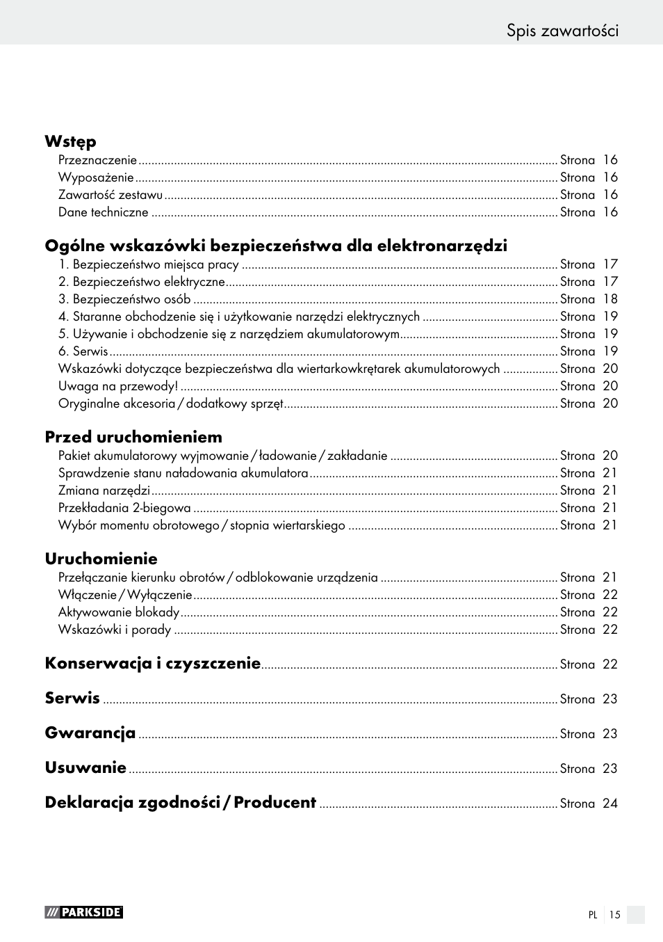 Spis zawartości | Parkside PABS 10.8 C2 User Manual | Page 15 / 77