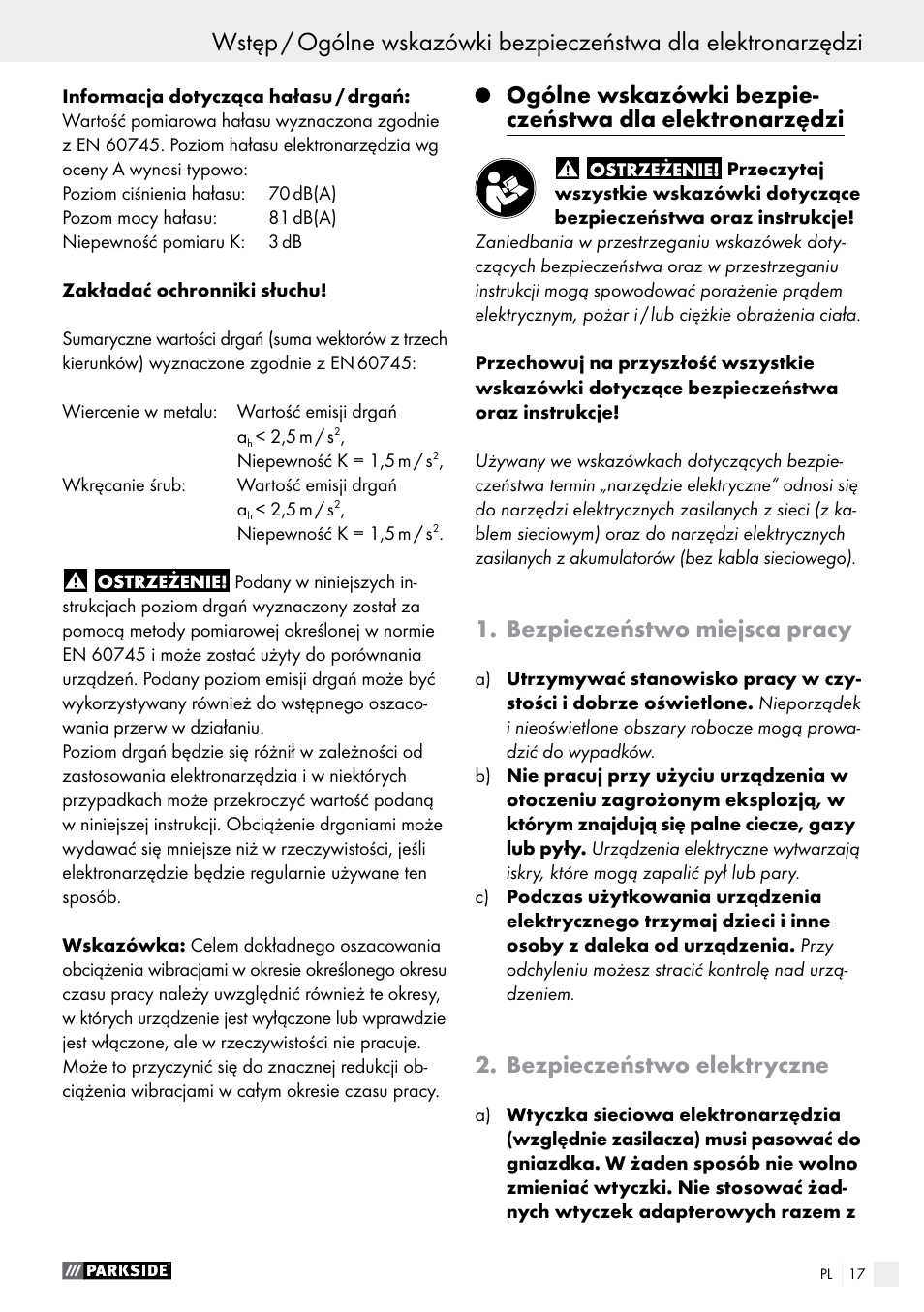 Bezpieczeństwo miejsca pracy, Bezpieczeństwo elektryczne | Parkside PABS 10.8 C2 User Manual | Page 17 / 77