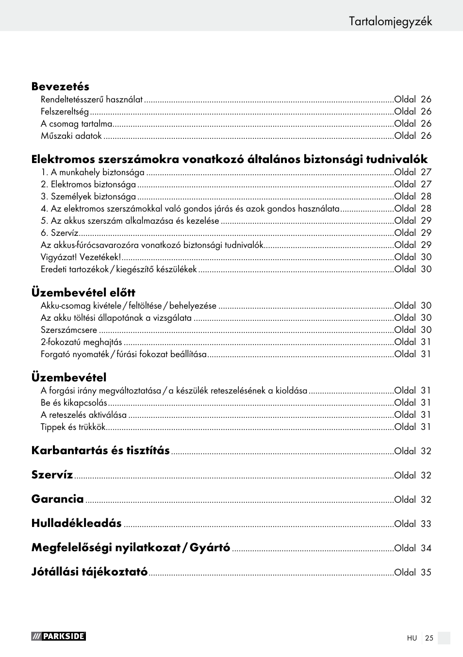 Usuwanie / deklaracja zgodności / producent, Tartalomjegyzék | Parkside PABS 10.8 C2 User Manual | Page 25 / 77
