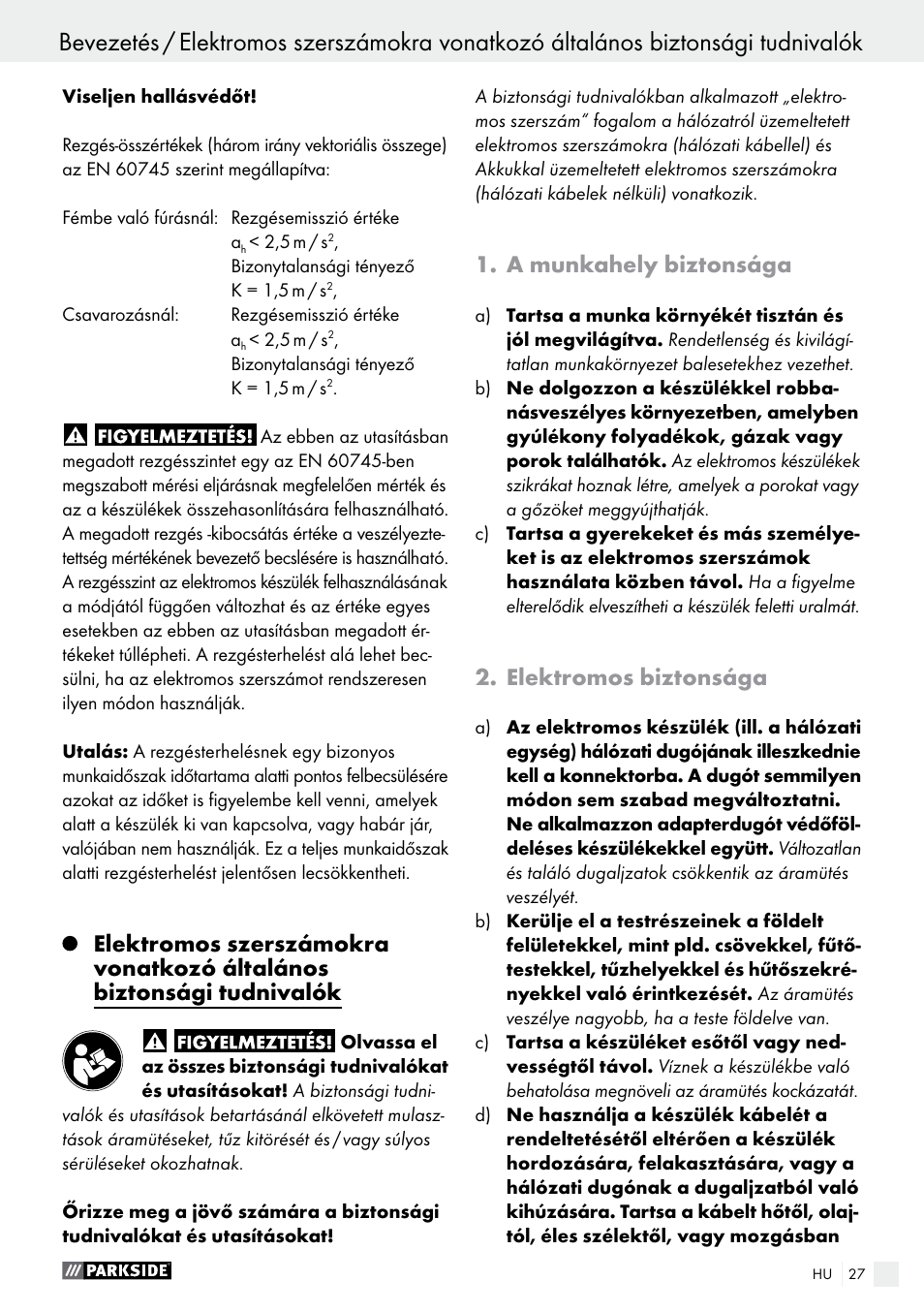 A munkahely biztonsága, Elektromos biztonsága | Parkside PABS 10.8 C2 User Manual | Page 27 / 77