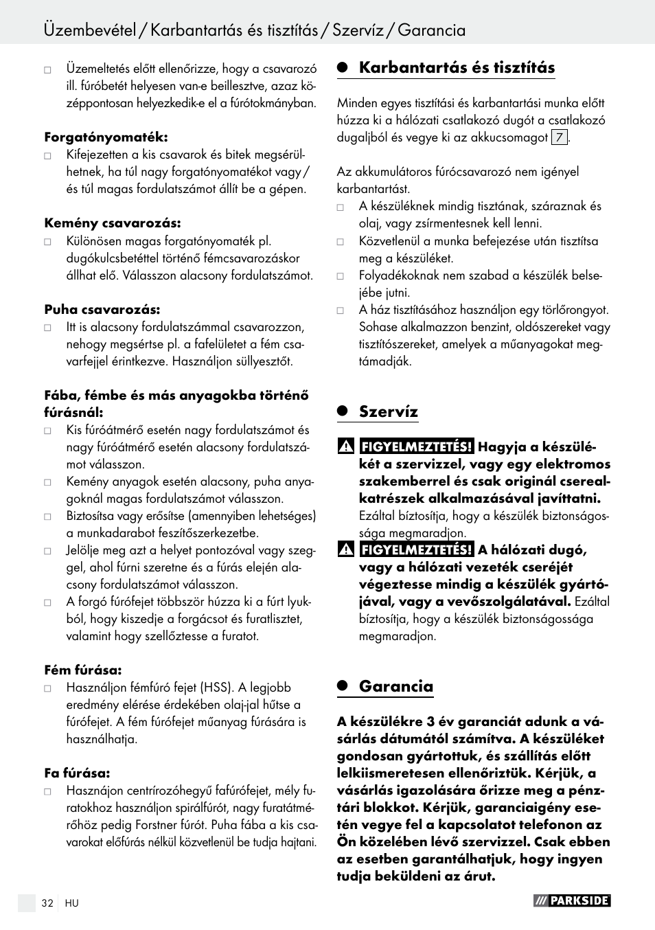 Garancia / hulladékleadás, Karbantartás és tisztítás, Szervíz | Garancia | Parkside PABS 10.8 C2 User Manual | Page 32 / 77
