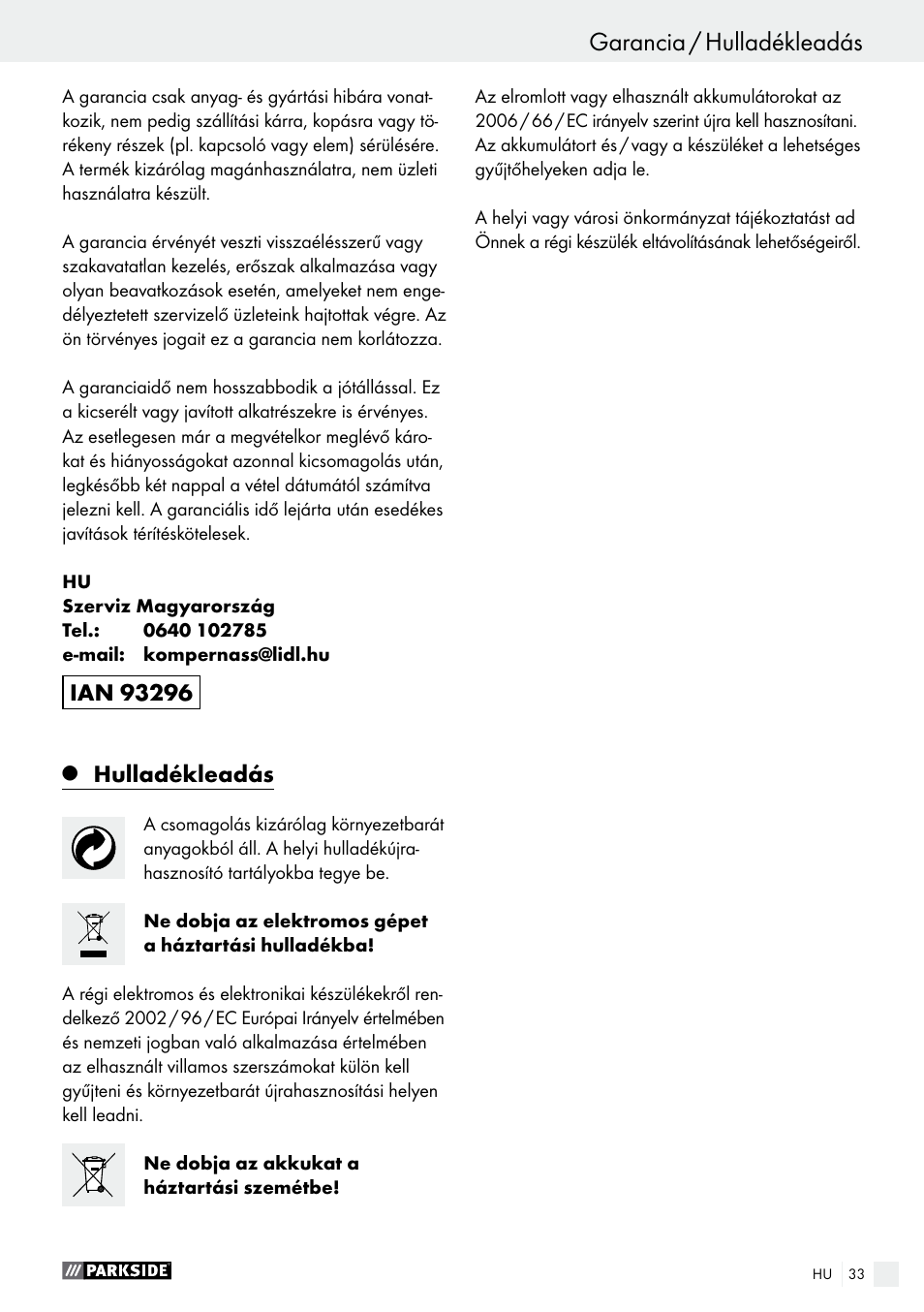 Hulladékleadás | Parkside PABS 10.8 C2 User Manual | Page 33 / 77